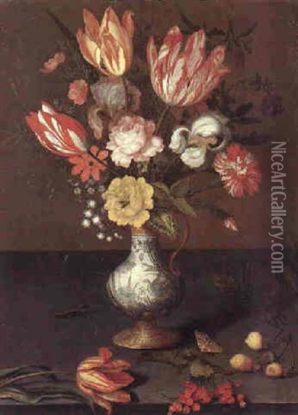 Still Life Of Flowers In A Wan Li Kraak Vase With Strawberries And A Moth On A Stone Ledge Oil Painting - Balthasar Van Der Ast
