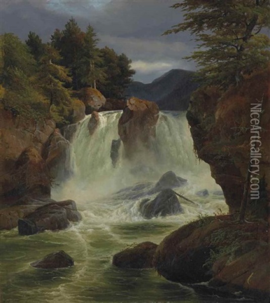 Vue De La Cascade De Stora Mollan En Suede Oil Painting - Johann Hermann Carmiencke