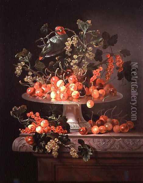 A Still Life of Cherries and Currants with a Parrot Oil Painting - Jan Frans van Son