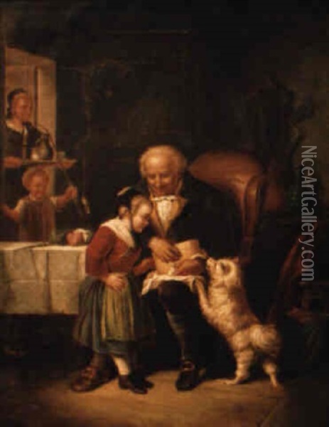 White Dog With Front Legs On Lap Of Gentleman Oil Painting - Julius Adam the Elder