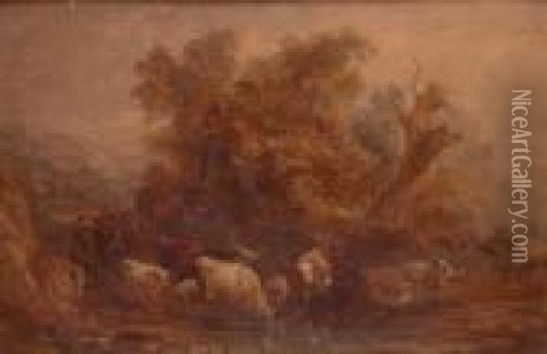 Cattle Watering At A Wooded Pool Oil Painting - Benjamin Barker Of Bath