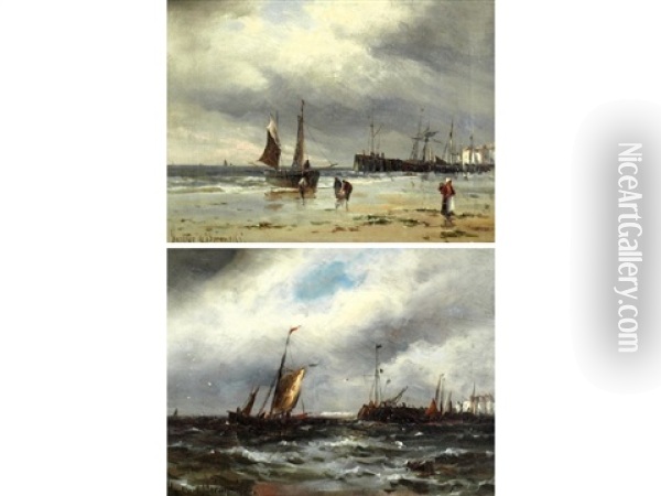 Shore Scene With Fisherfolk, A Harbour Beyond Oil Painting - Gustave de Breanski