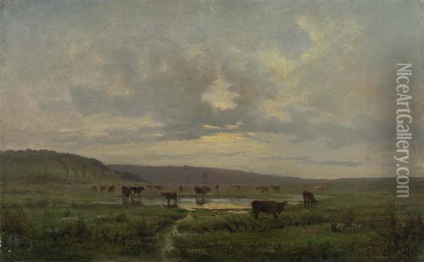 Kuhe Am Weiher. 1864. Oil Painting - Jules Rozier