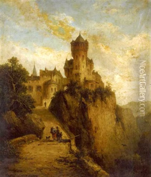 A View Of A Castle With Figures In The Foreground Oil Painting - Ludwig Hermann