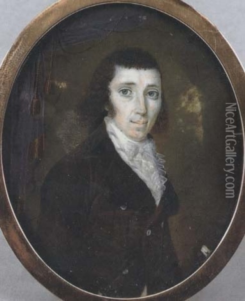 Portrait Of A Member Of The Russell Family In A Brown Coat, Blue And White Striped Waistcoat And Lace Cravat Oil Painting - Philip A. Peticolas