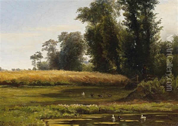 Sommerliche Teichlandschaft Am Waldesrand Oil Painting - Cornelis Jan de Vogel