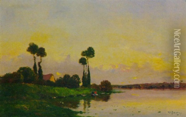 Abendliche Landschaft Mit Waschenden Frauen Am Fluss Oil Painting - Hippolyte Camille Delpy