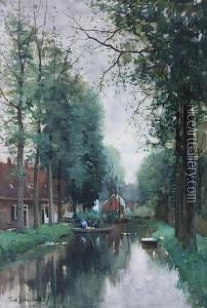 Cottages By A Quiet Waterway Oil Painting - Fredericus Jacobus Van Rossum Du Chattel