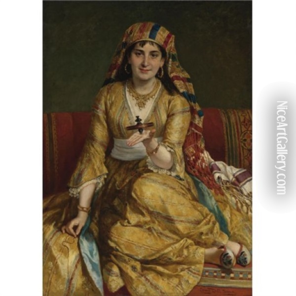 A Woman In Oriental Costume Playing With A Spinning Top Oil Painting - Cesare Felix Georges dell' Acqua