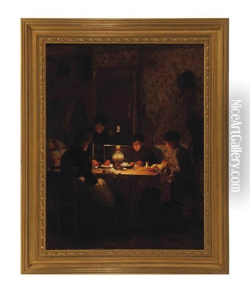 Women Sewing By Lamplight Oil Painting - Emile Georges (Geo) Weiss