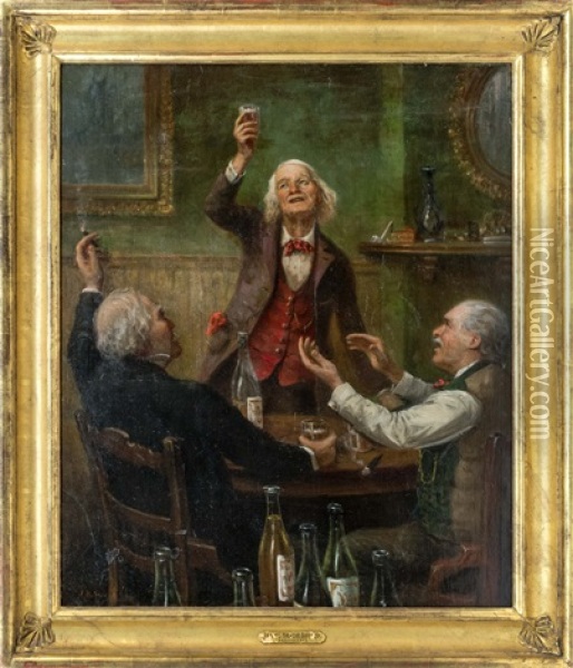 Toast Between Three Men In A Tavern Oil Painting - James Brade Sword