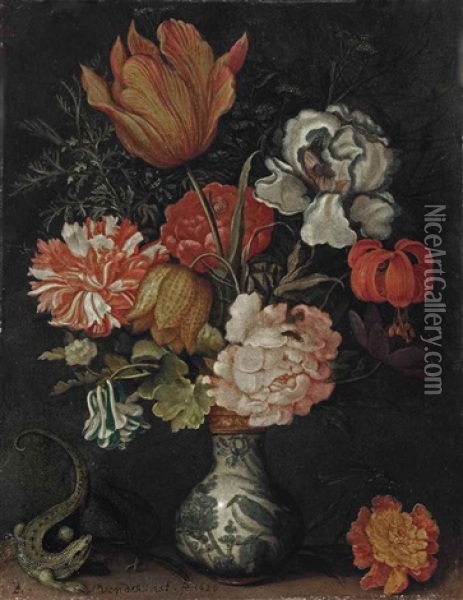 A Tulip, Iris, Rose, Fritillary, Martagon, And Carnation In A Wan-li Vase, On A Ledge With A Lizard And A Dragonfly Oil Painting - Balthasar Van Der Ast