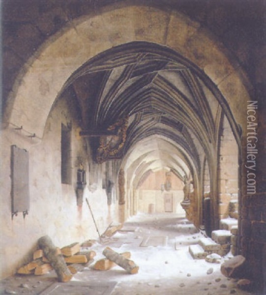 Klosterhalle Im Schnee Oil Painting - Carl Georg Adolph Hasenpflug