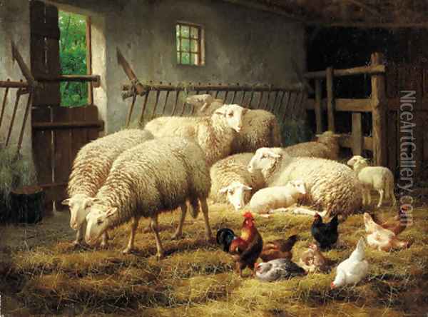 A stable with sheep and chickens Oil Painting - Theo van Sluys