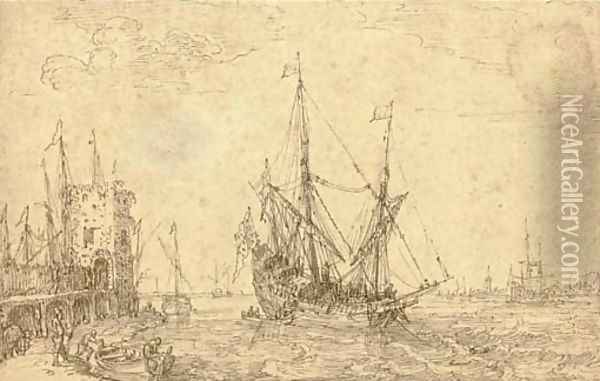 A seaport with a man o'war, figures along a pier Oil Painting - Cornelis Claesz van Wieringen