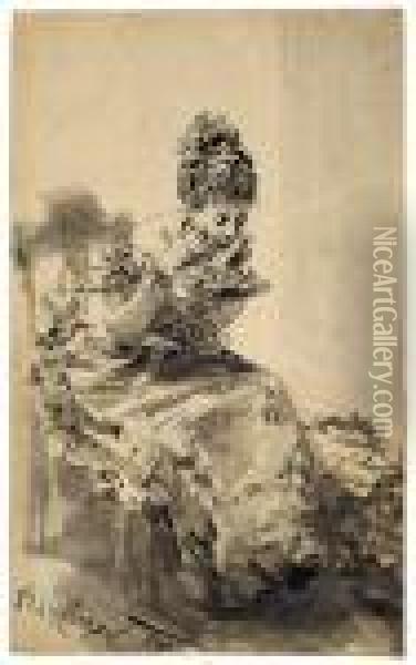 Auf Einem Stuhl Sitzende Dame Im Ballkleid, Aus Einem Suppentasschen Loffelnd Oil Painting - Adolph von Menzel
