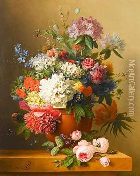 A still life of peonies, roses, honeysuckle, poppies, a crown imperial, rhododendrons and other flowers in a terracotta urn on a ledge Oil Painting - Arnoldus Bloemers