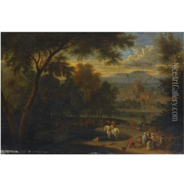 An Italianate Landscape With A Horseman And Travellers Conversing On A Path Oil Painting - Pieter Bout