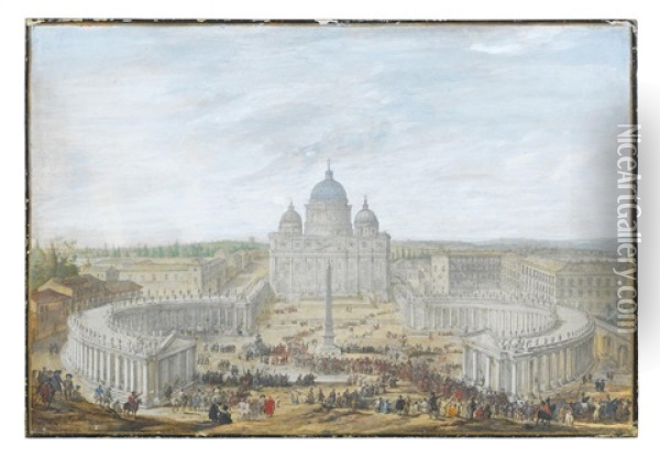 A View Of St Peter's, Rome, With Bystanders Watching A Papal Procession Leaving The Piazza Oil Painting - Jacob Van Der Ulft