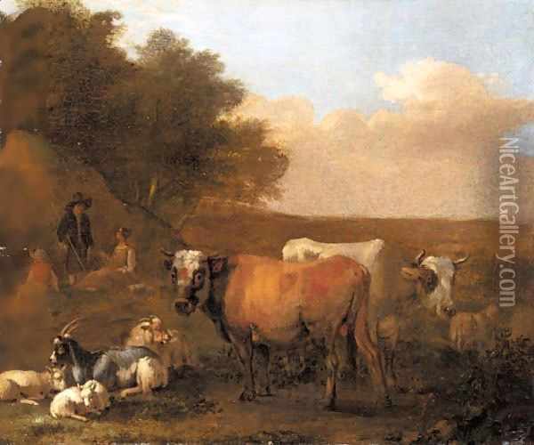 Landscape With A Family Of Drovers And Their Animals Oil Painting - Albert-Jansz. Klomp