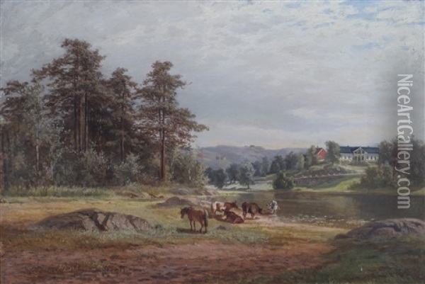 Landskap Med Kuer Oil Painting - Christian Rummelhoff