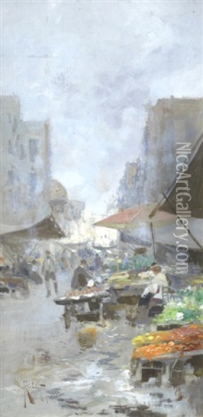 Street Market, Naples, A Pair Oil Painting - Oscar Ricciardi