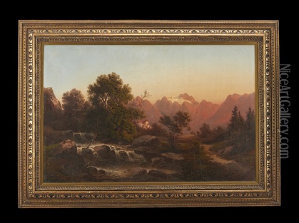 Austrian Landscape At Sunset, With View Of A Castle Oil Painting - Julius Zopf