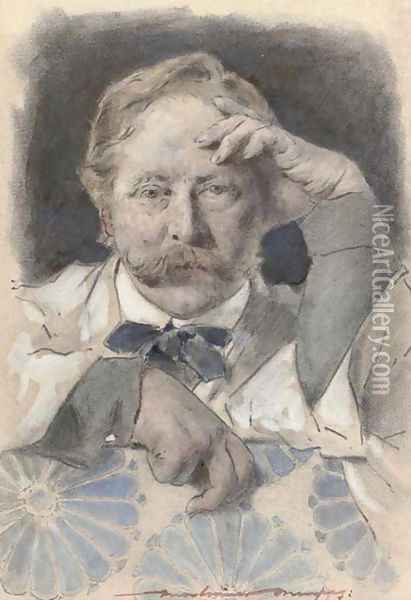 Self portrait of the artist, bust-length, leaning on a sofa Oil Painting - Mortimer Ludington Menpes