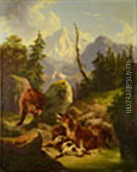 Bears With Prey In Mountain Landscape Oil Painting - Friedrich Gauermann
