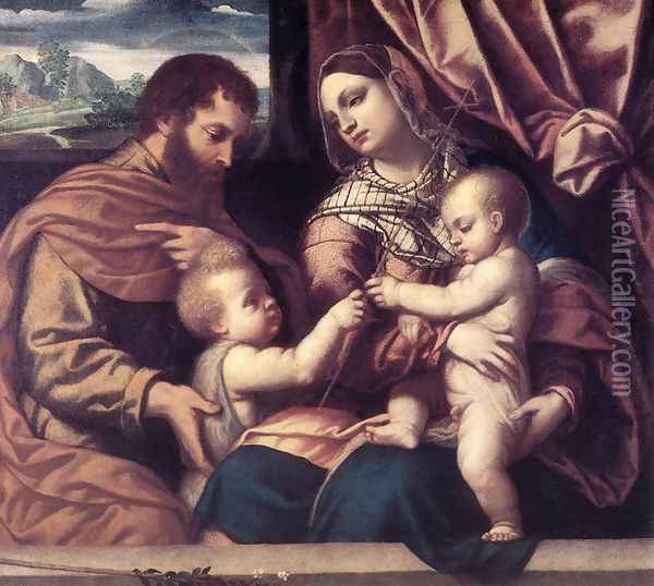 Holy Family Oil Painting - Alessandro Bonvicino (Moretto da Brescia)
