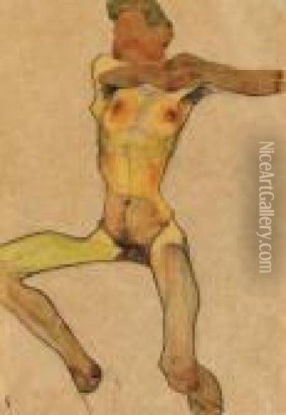 Mannlicher Akt, Gelb Oil Painting - Egon Schiele