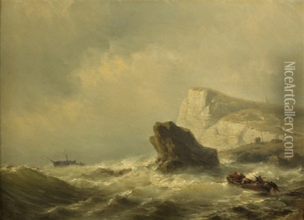 Stormy Coast With Foundering Ship & Rescue Boat Oil Painting - Johan Hendrik Meyer