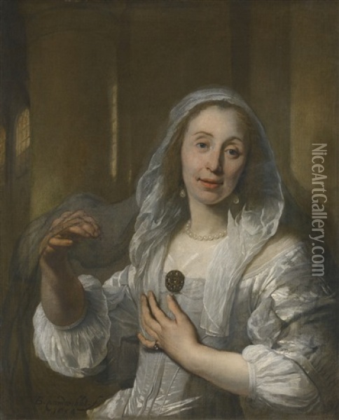 Portrait Of A Lady, Half-length, Wearing A White Dress Oil Painting - Bartholomeus Van Der Helst