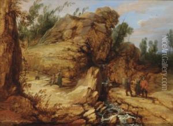 A Rocky River Landscape With Travellers In The Foreground Oil Painting - Lucas Achtschellinck