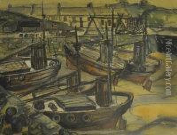 Harbour Scene With Moored Fishing Boats Oil Painting - Auguste Paris