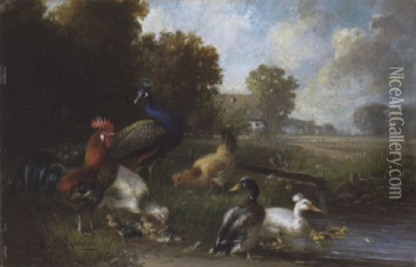 Huhner Und Enten Am Weiher Oil Painting - Julius Scheuerer