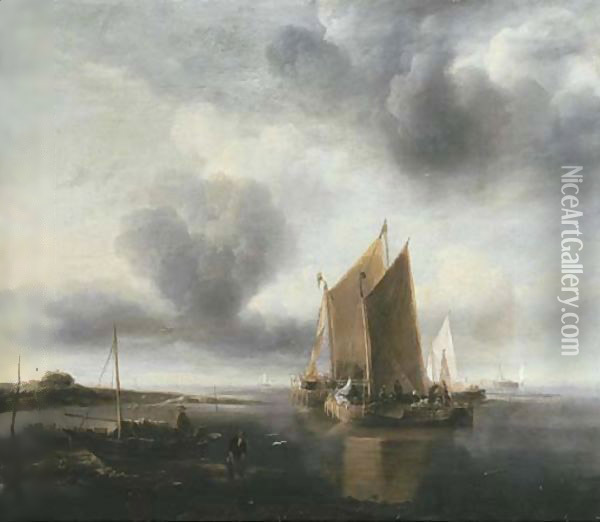 Two smalschips and other shipping off a sandbank in a calm Oil Painting - Jan Van De Capelle