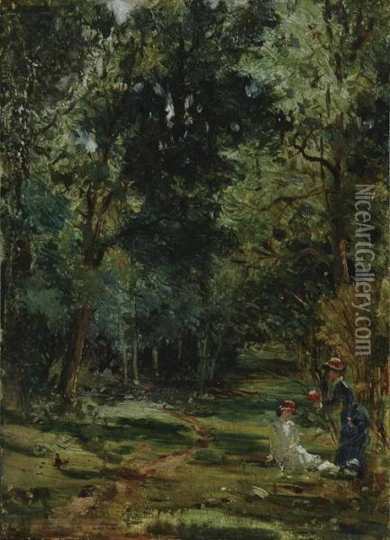 Impressionistic Wooded Landscape With Figures Oil Painting - Norbert Goeneutte