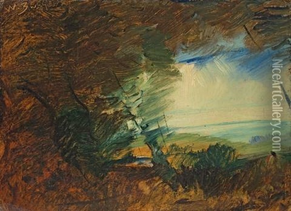 Waldrand Mit Dickem Baum Und Rotjacke Oil Painting - Wilhelm Busch