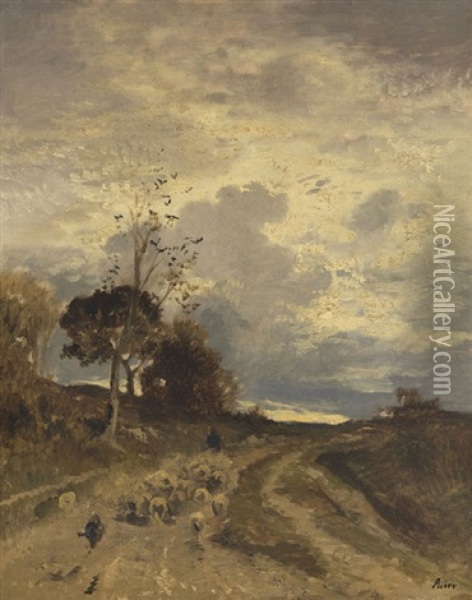 Herbstlandschaft Am Abend Mit Heimkehrender Schafherde Oil Painting - Adolf Heinrich Lier
