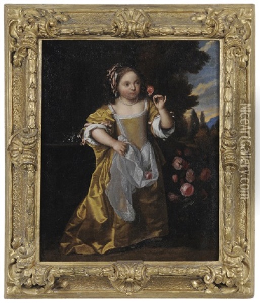 Young Child With Roses By A Fountain Oil Painting - Michiel van Musscher