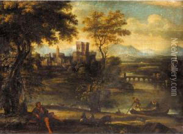 A Classical Landscape With A Shepherd And Fisherman, A Town Beyond Oil Painting - Pietro Paolo Bonzi