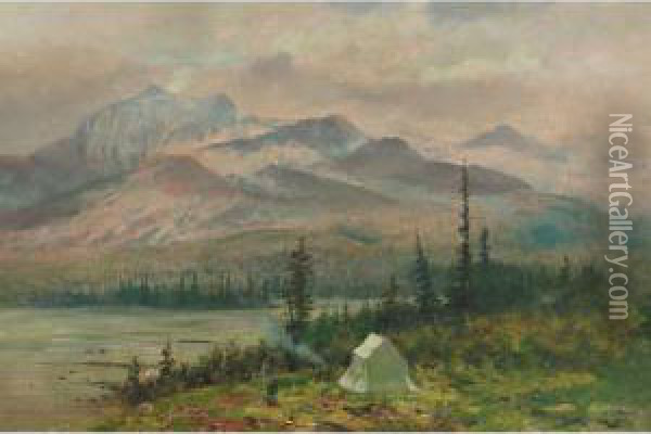 A Painting Camp In The Rockies, The Artist At His Easel Oil Painting - Marmaduke Matthews