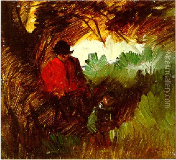 Waldinneres Mit Bauernpaar In Rot Und Blau Oil Painting - Wilhelm Busch
