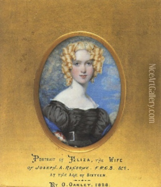 Eliza, Wife Of Joseph A. Ransome, Wearing Lace-trimmed Black Dress With Buckled Belt And Embroidered Shawl, Her Hair In Ringlets Oil Painting - Octavius Oakley