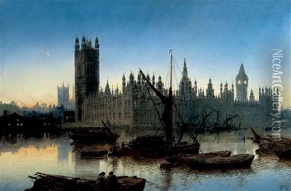 Houses Of Parliament, Westminster Oil Painting - Claude T. Stanfield Moore