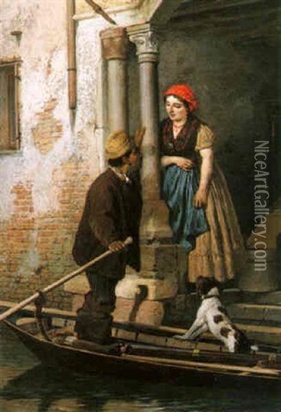 Courtship In Venice Oil Painting - Antonio Ermolao Paoletti