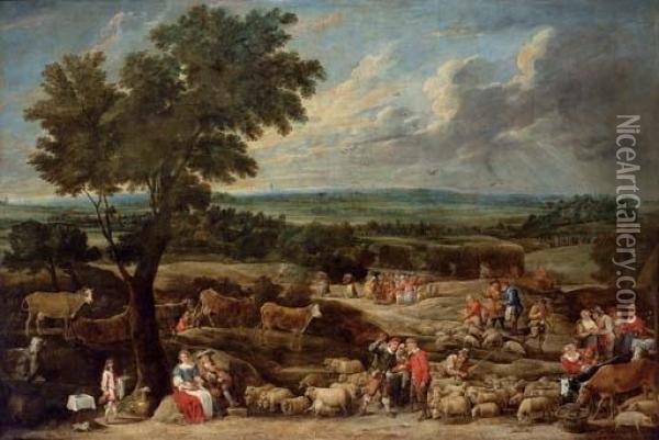 A Livestock Market In An Extensive Landscape With Antwerp In The Distance Oil Painting - David The Younger Teniers