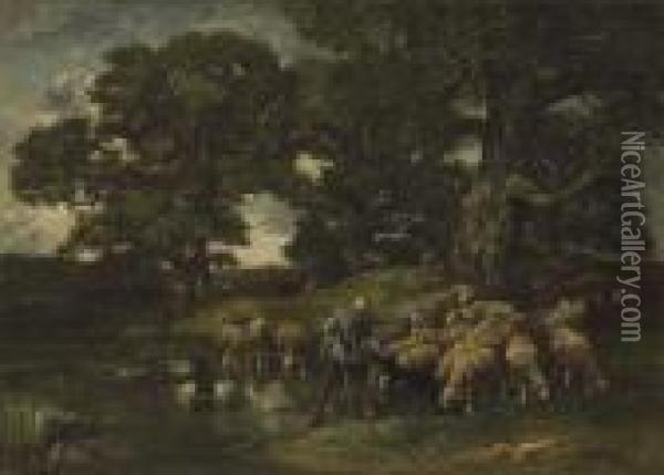 A Shepherd And His Flock By The Edge Of A Pond Oil Painting - Charles Emile Jacque