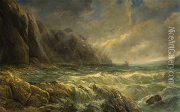 Ship Near A Rocky Coast Oil Painting - Jan Jacob Lodewijk ten Cate